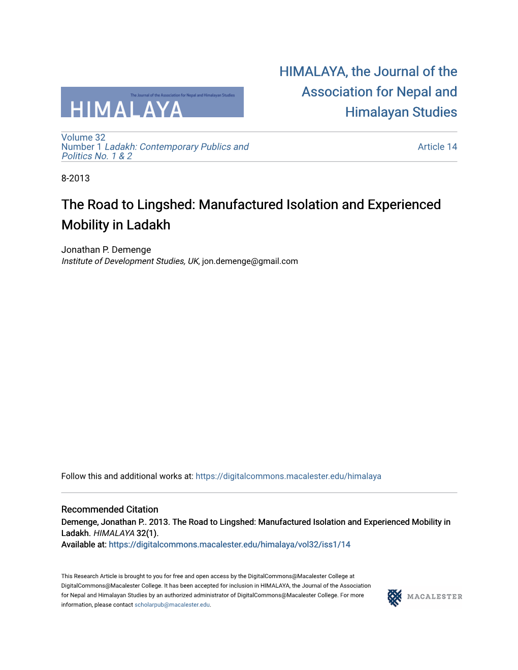 The Road to Lingshed: Manufactured Isolation and Experienced Mobility in Ladakh