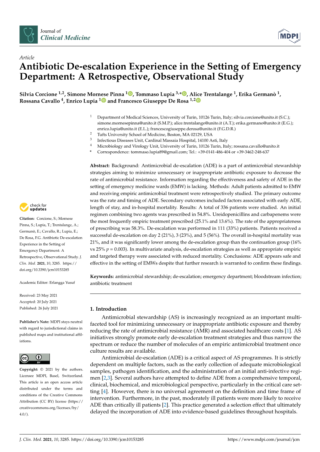 Antibiotic De-Escalation Experience in the Setting of Emergency Department: a Retrospective, Observational Study