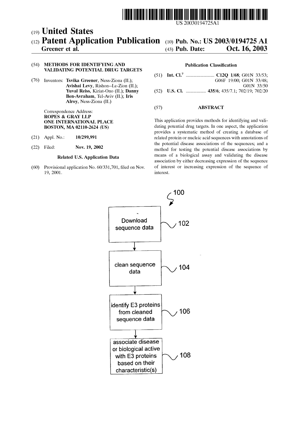 (12) Patent Application Publication (10) Pub. No.: US 2003/0194725A1 Greener Et Al