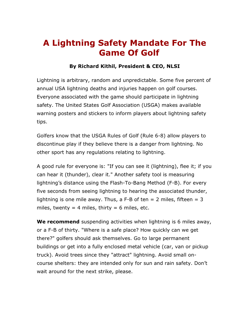 A Lightning Safety Mandate for the Game of Golf