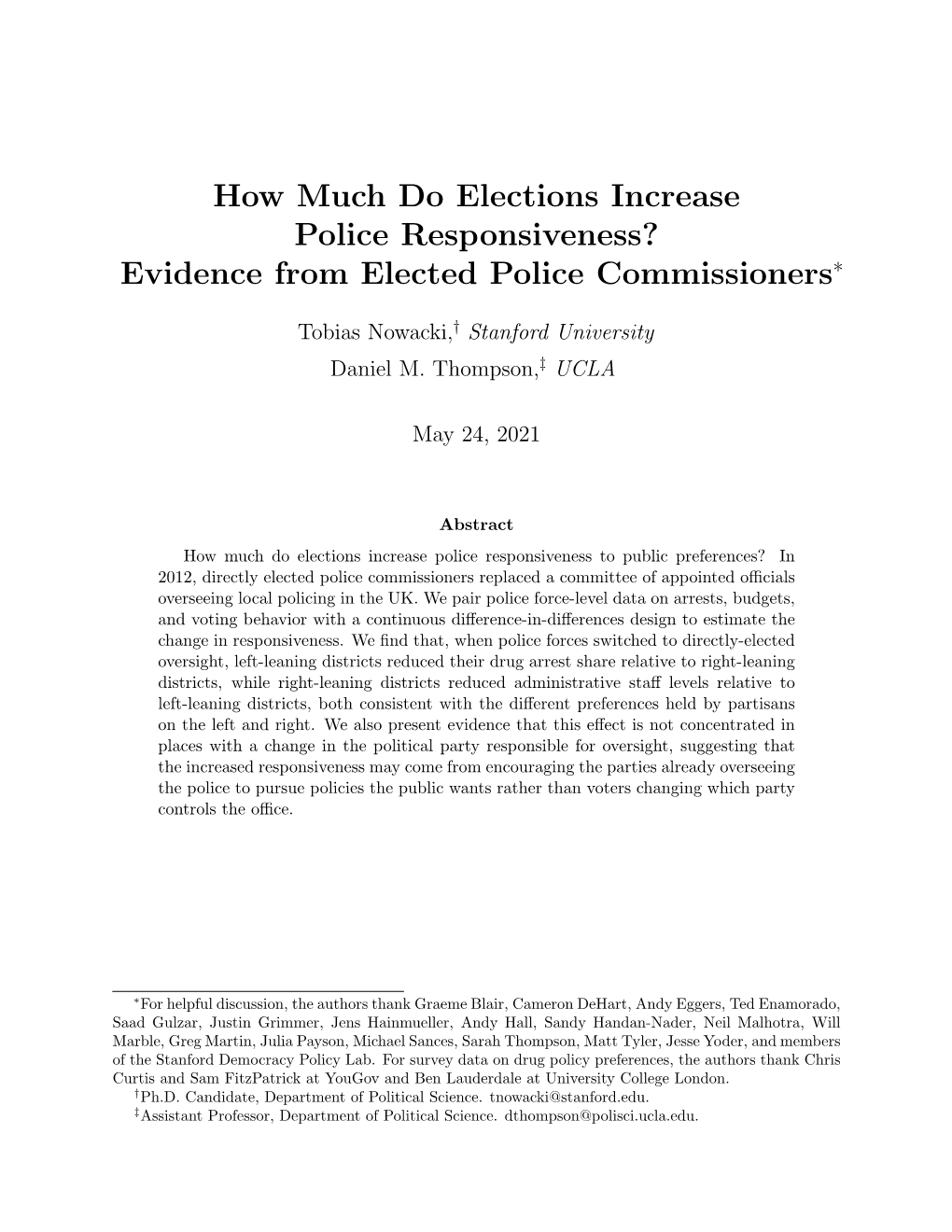 How Much Do Elections Increase Police Responsiveness? Evidence from Elected Police Commissioners∗