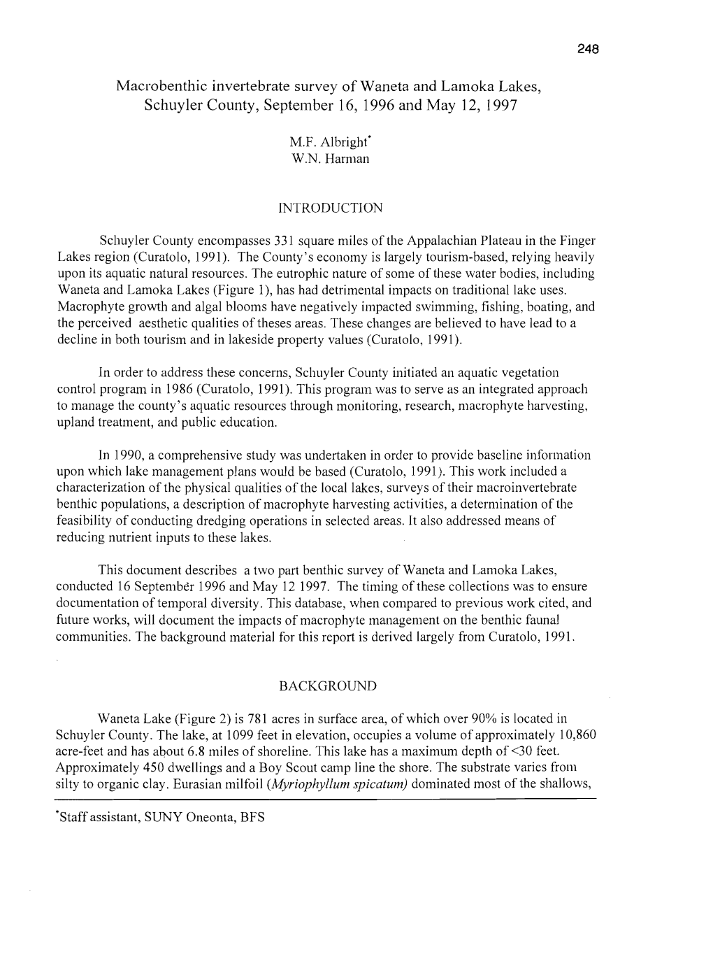 Macrobenthic Invertebrate Survey of Waneta and Lamoka Lakes, Schuyler County, September 16, 1996 and May 12, 1997