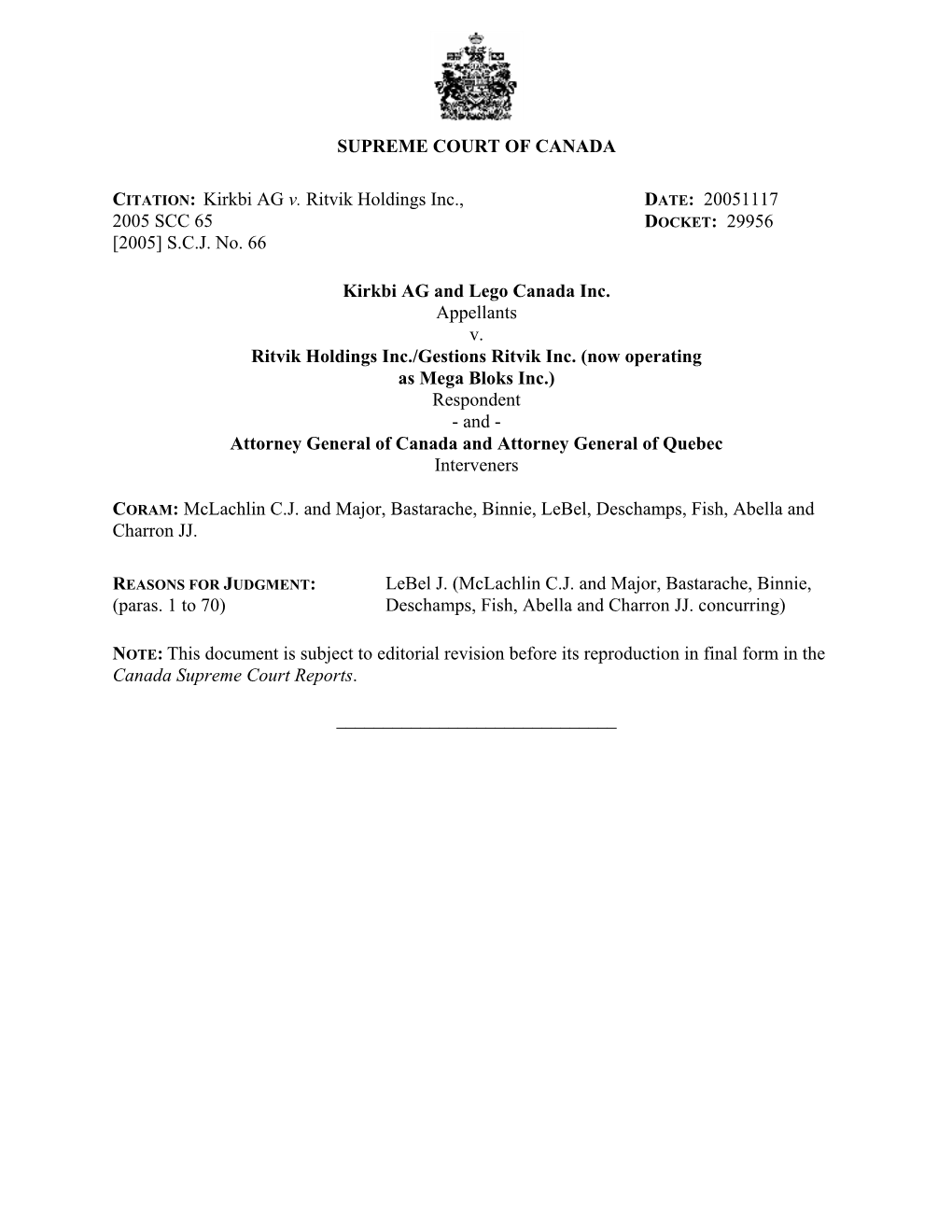 SUPREME COURT of CANADA CITATION: Kirkbi AG V. Ritvik