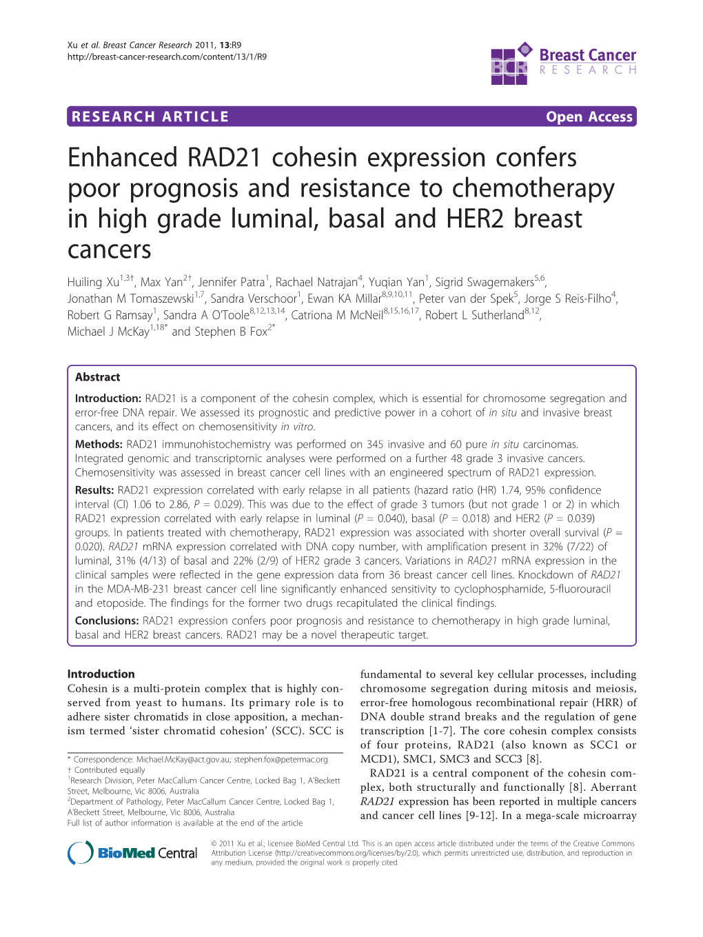 Enhanced RAD21 Cohesin Expression Confers Poor Prognosis and Resistance to Chemotherapy in High Grade Luminal, Basal and HER2 Br