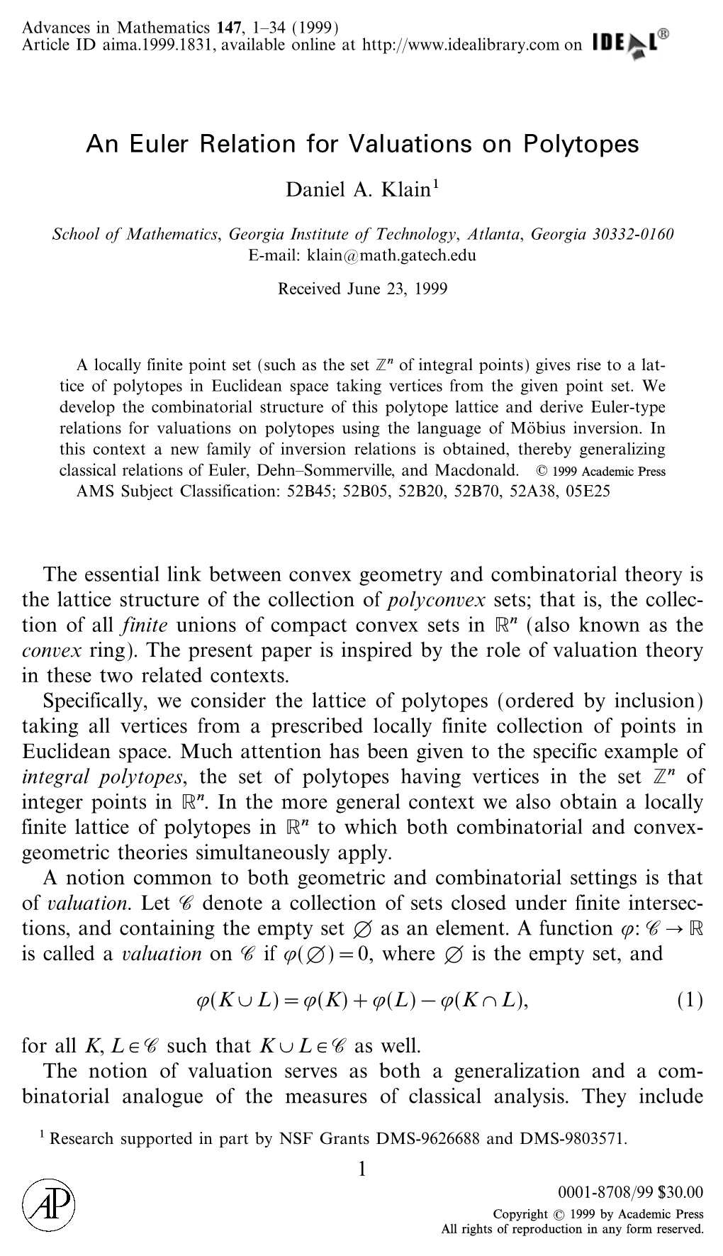 An Euler Relation for Valuations on Polytopes