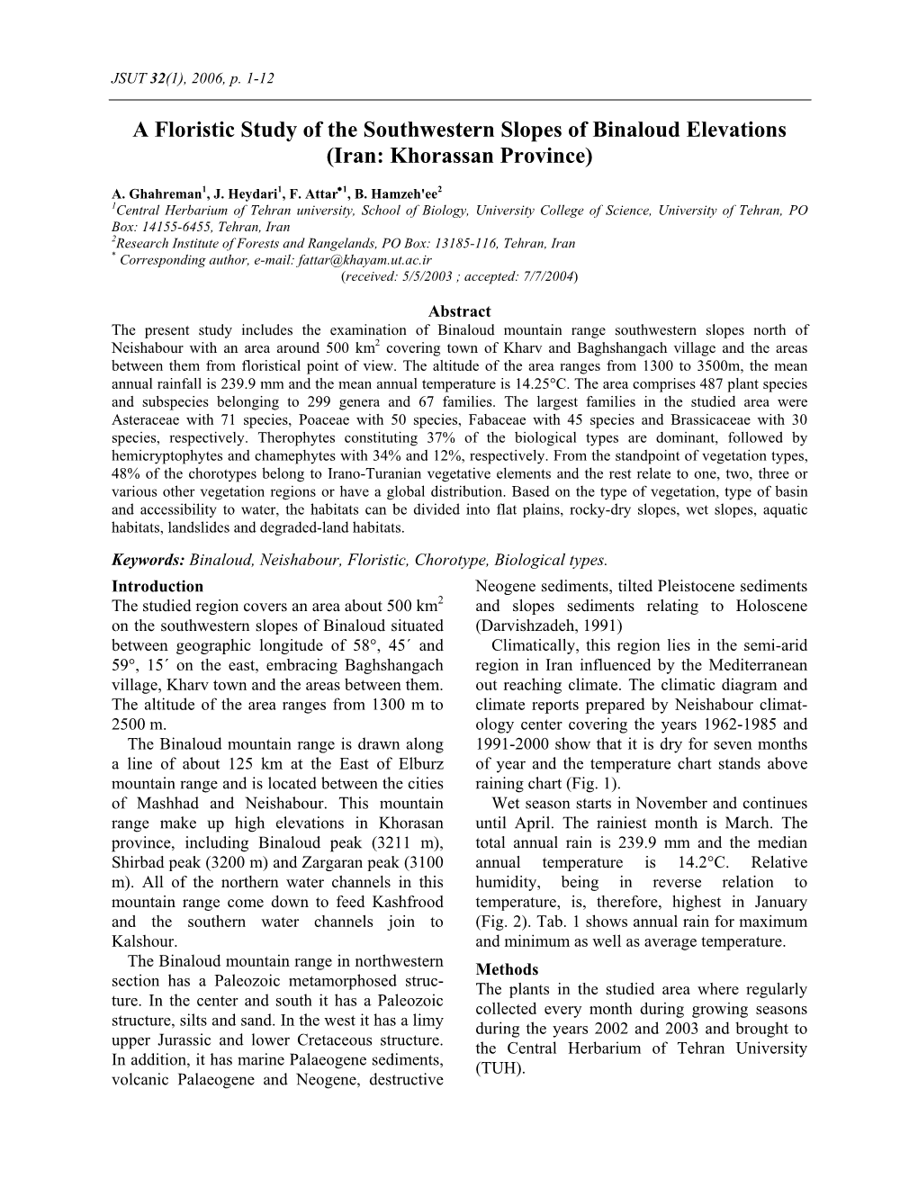 A Floristic Study of the Southwestern Slopes of Binaloud Elevations (Iran: Khorassan Province)