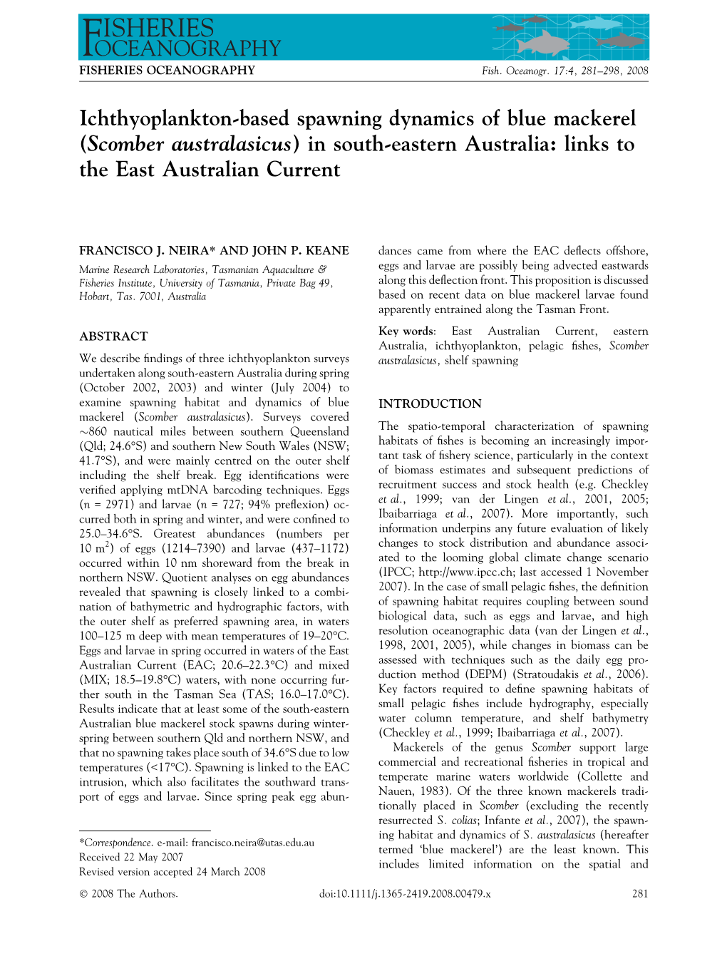 Ichthyoplankton-Based Spawning Dynamics of Blue Mackerel (Scomber Australasicus) in South-Eastern Australia: Links to the East Australian Current