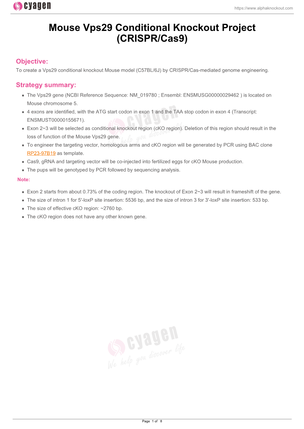 Mouse Vps29 Conditional Knockout Project (CRISPR/Cas9)