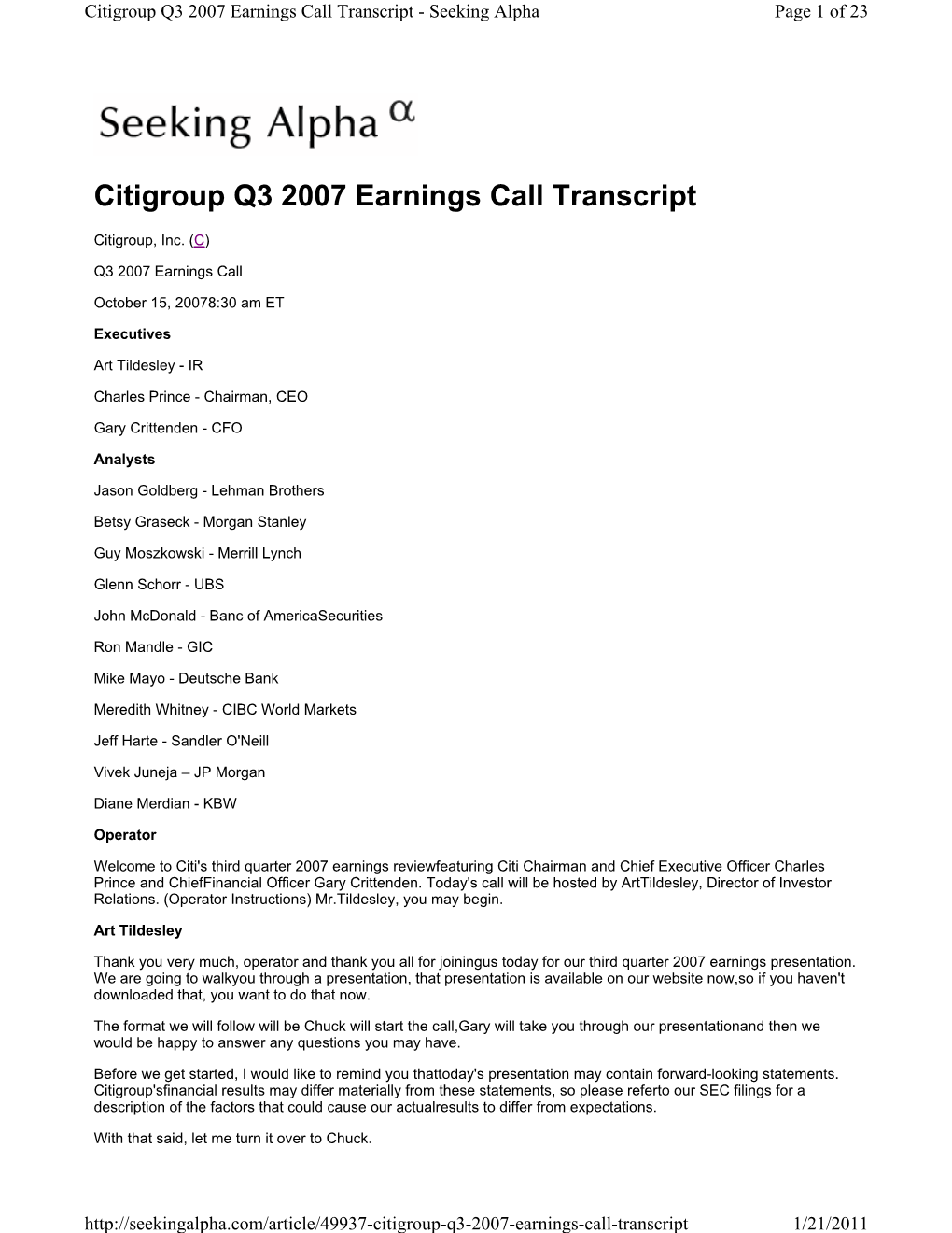 Citigroup Q3 2007 Earnings Call Transcript - Seeking Alpha Page 1 of 23