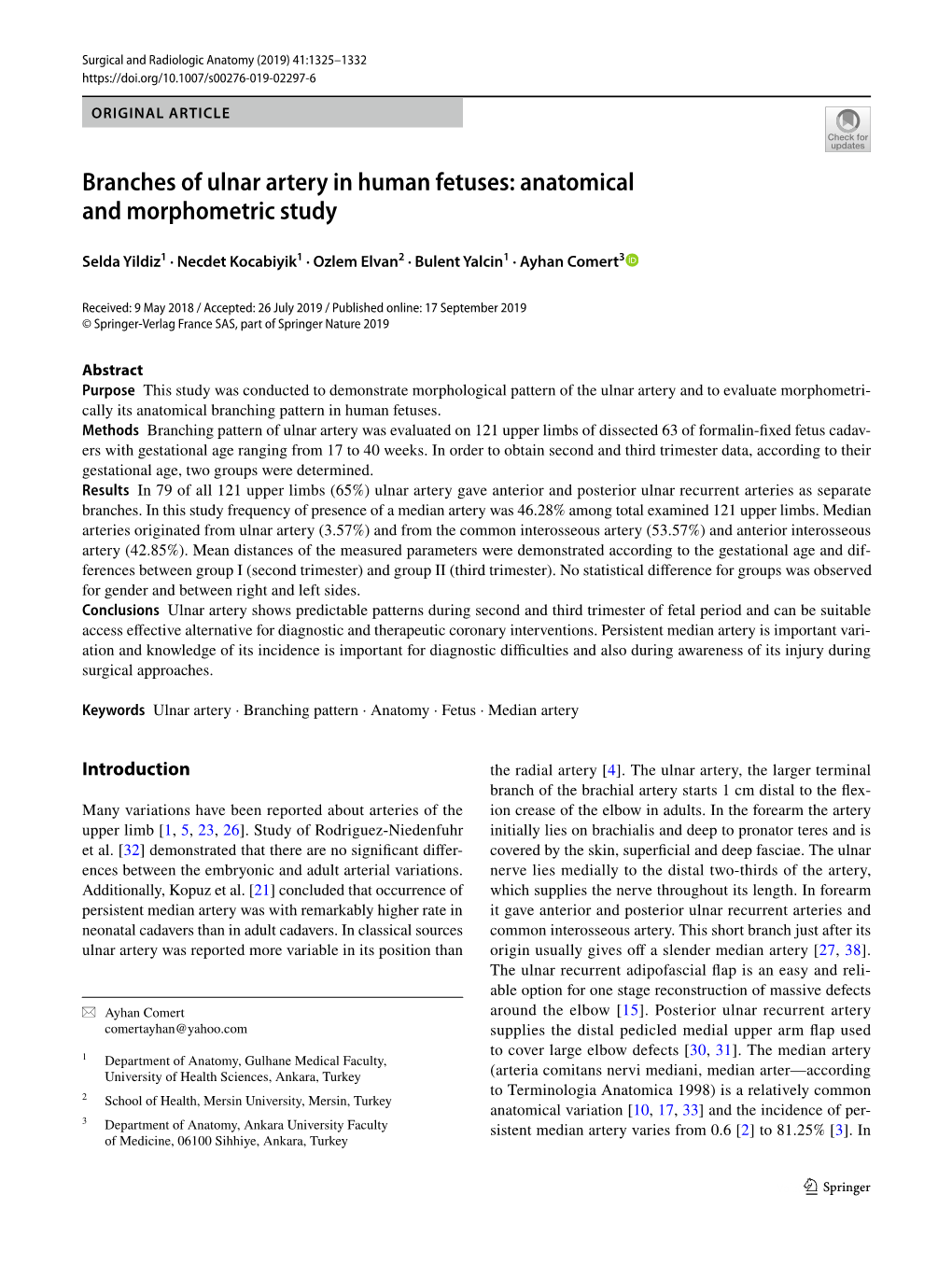 Branches of Ulnar Artery in Human Fetuses: Anatomical and Morphometric Study