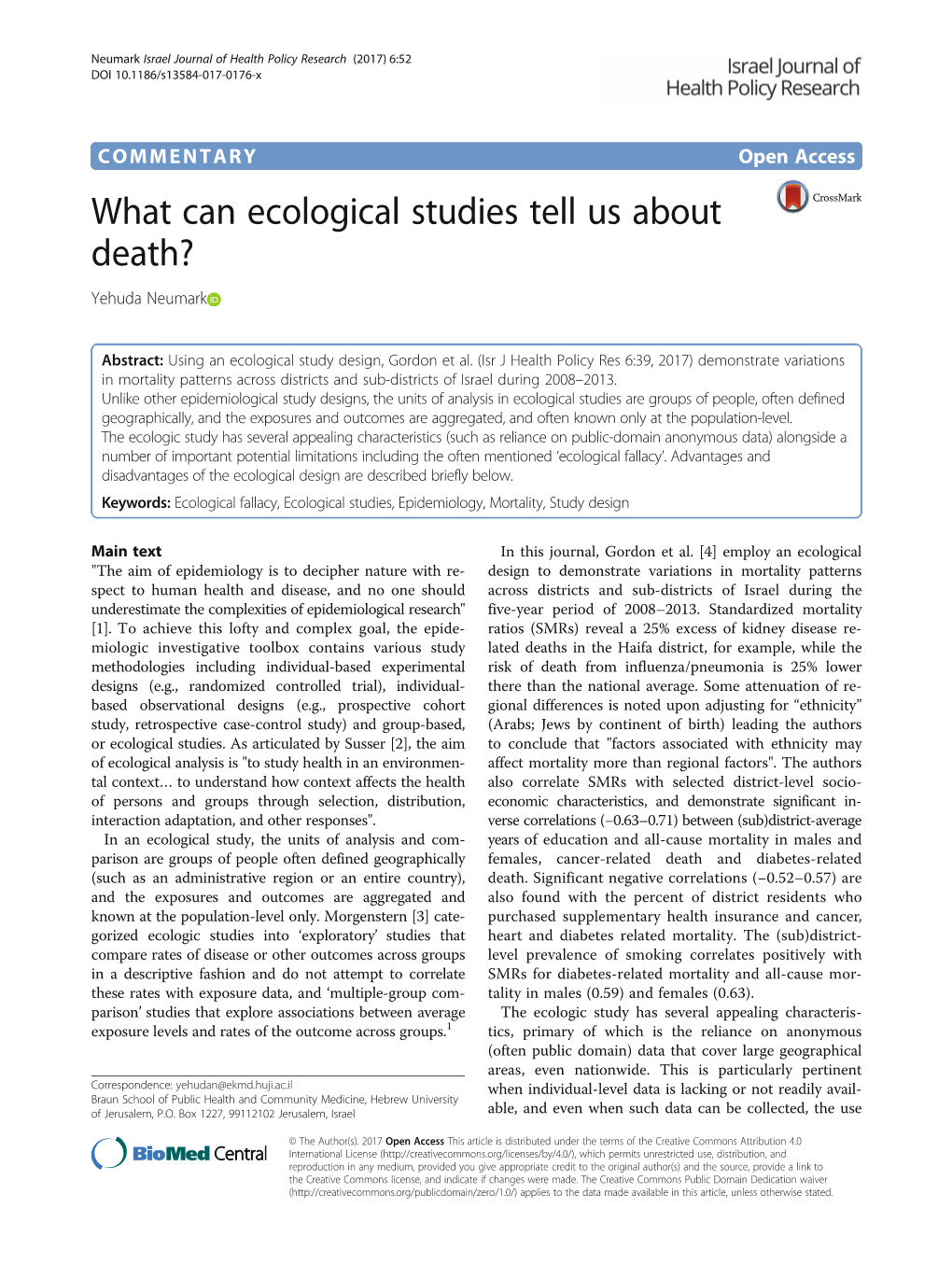 What Can Ecological Studies Tell Us About Death? Yehuda Neumark