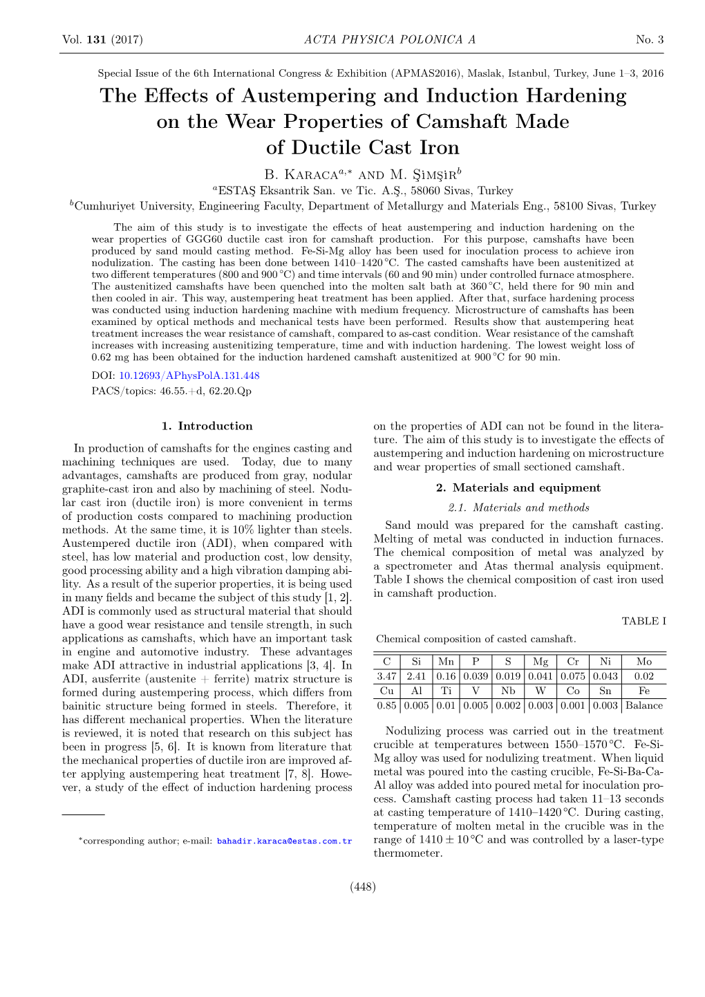 The Effects of Austempering and Induction Hardening on the Wear Properties of Camshaft Made of Ductile Cast Iron