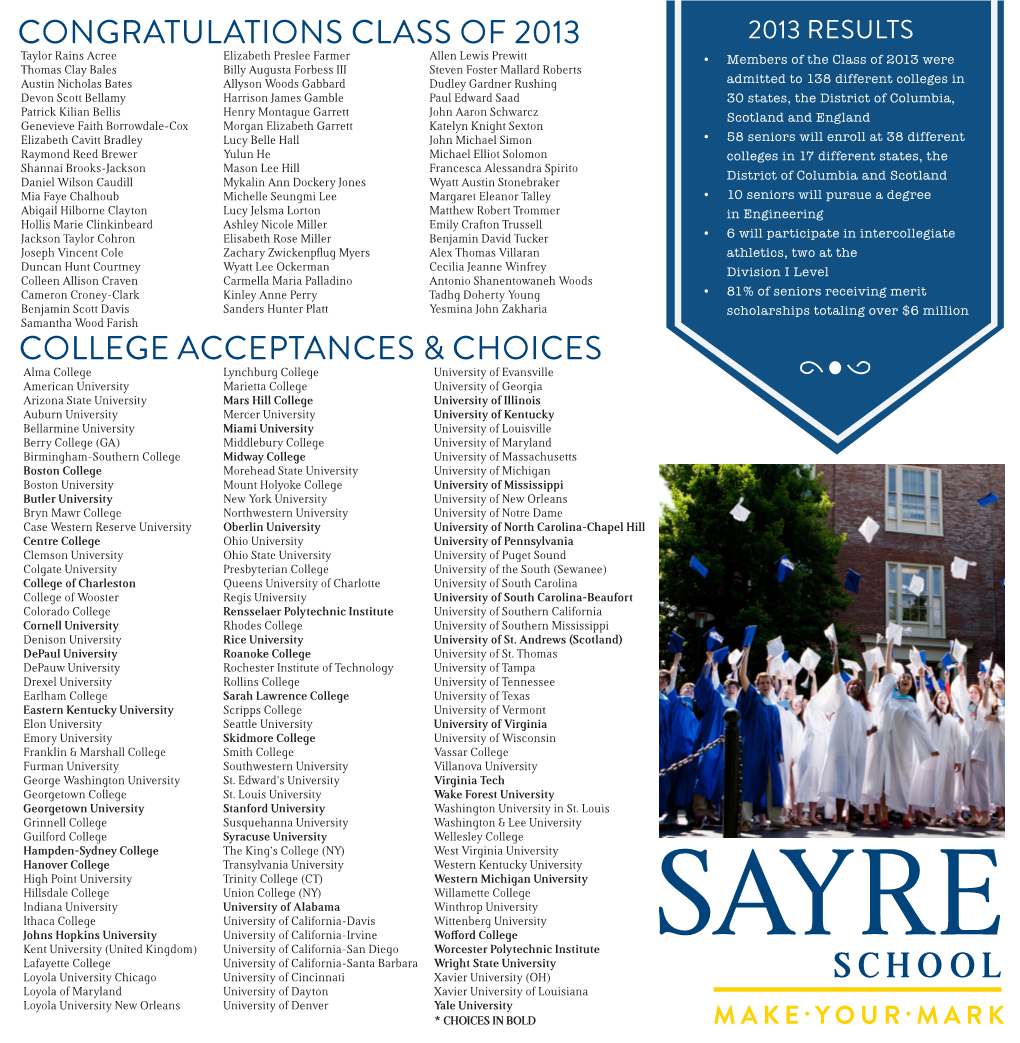 Congratulations Class of 2013 College Acceptances & Choices