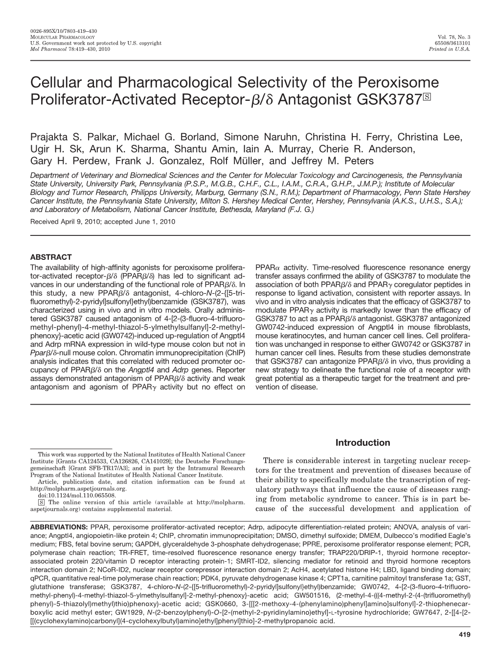Cellular and Pharmacological Selectivity of the Peroxisome Proliferator-Activated Receptor-ß/Δ Antagonist GSK3787