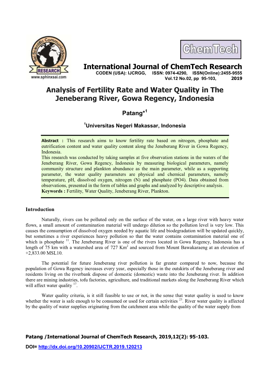 Analysis of Fertility Rate and Water Quality in the Jeneberang River, Gowa Regency, Indonesia