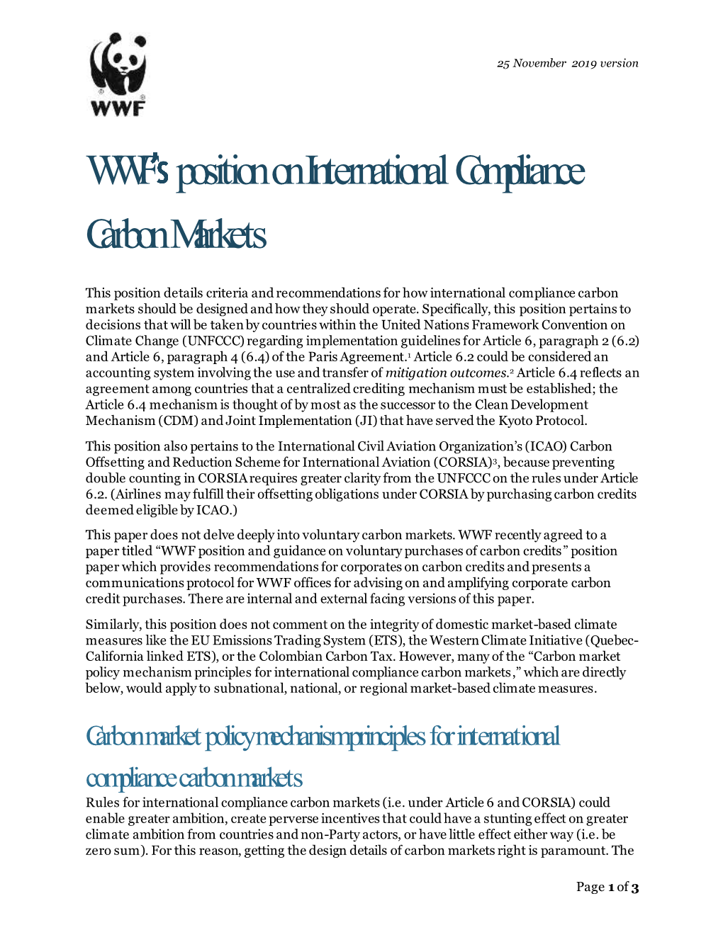 WWF Position on International Compliance Carbon Markets