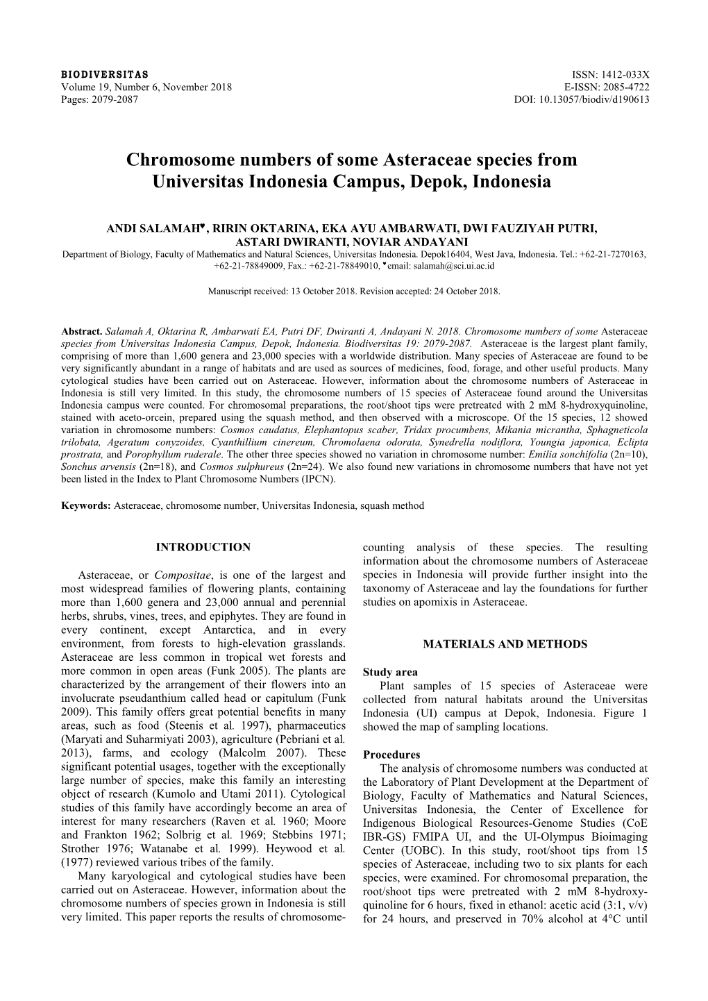 Chromosome Numbers of Some Asteraceae Species from Universitas Indonesia Campus, Depok, Indonesia