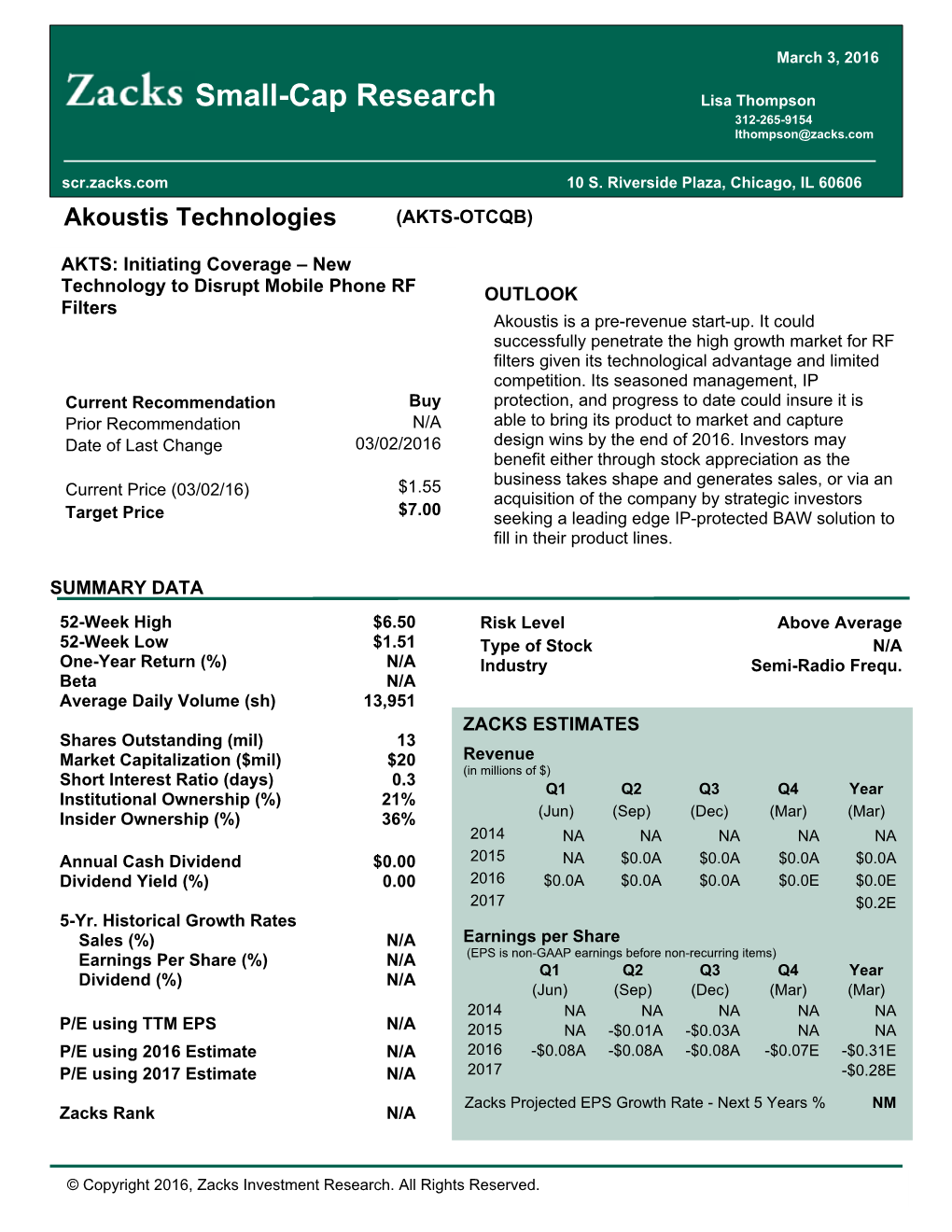 Small-Cap Research Lisa Thompson 312-265-9154 Lthompson@Zacks.Com