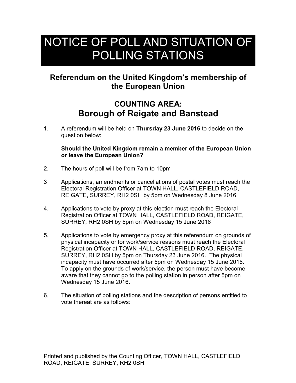 Notice of Poll and Situation of Polling Stations
