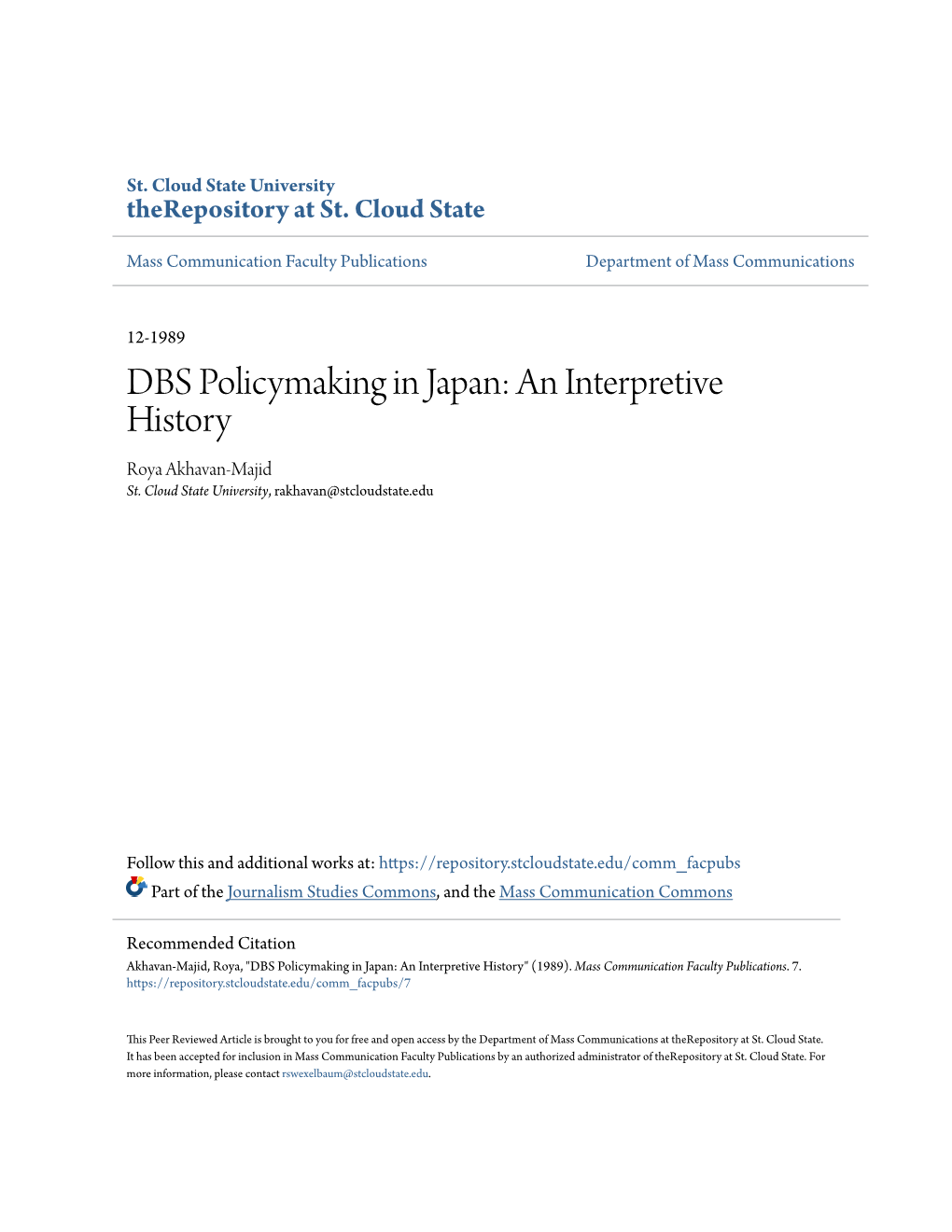 DBS Policymaking in Japan: an Interpretive History Roya Akhavan-Majid St