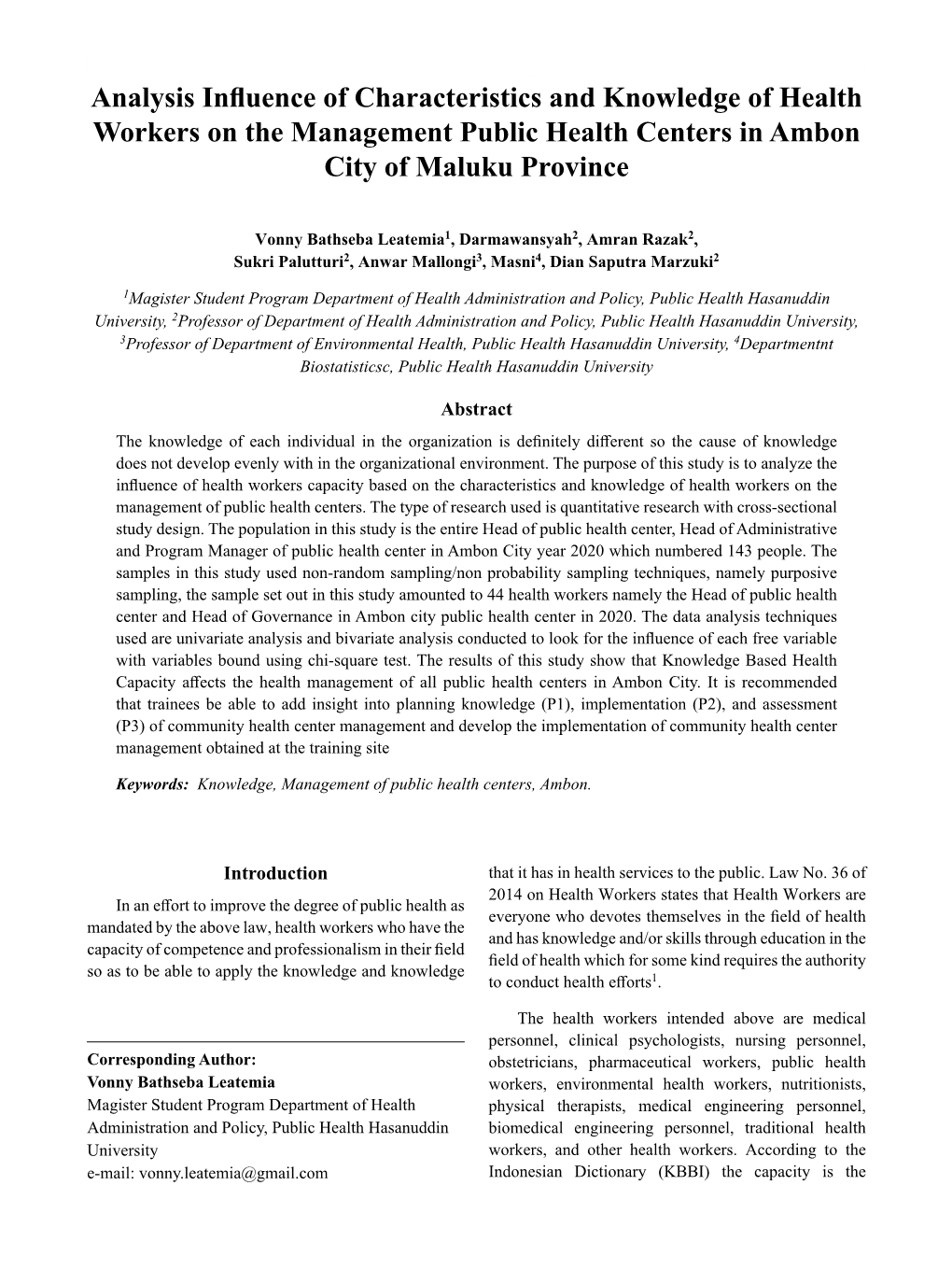 Analysis Influence of Characteristics and Knowledge of Health Workers on the Management Public Health Centers in Ambon City of Maluku Province