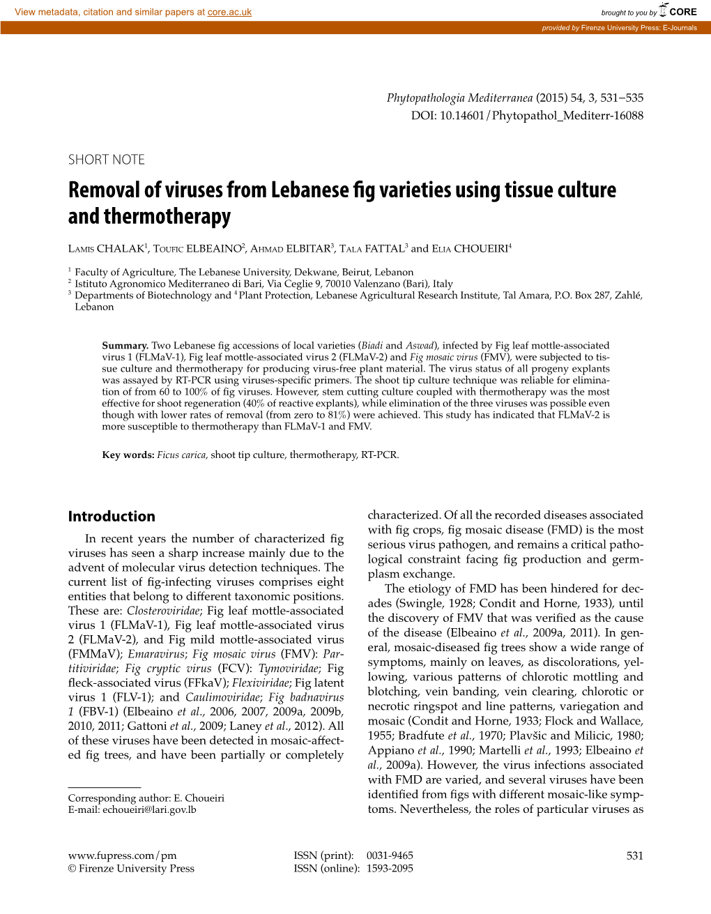 Removal of Viruses from Lebanese Fig Varieties Using Tissue Culture and Thermotherapy