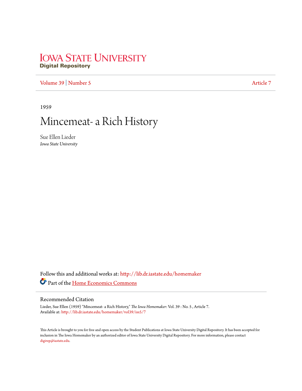 Mincemeat- a Rich History Sue Ellen Lieder Iowa State University