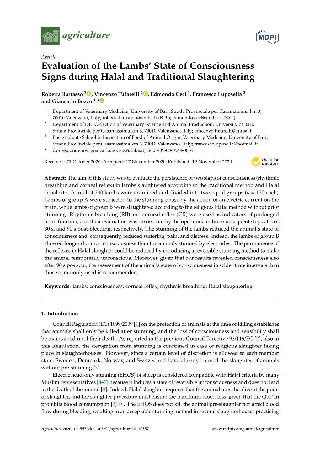 Evaluation of the Lambs' State of Consciousness Signs During Halal