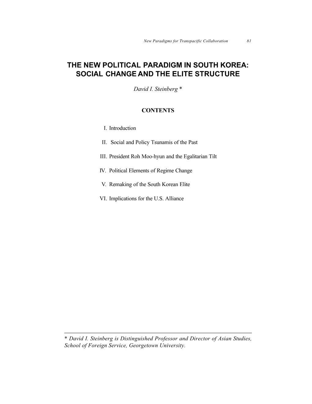 The New Political Paradigm in South Korea: Social Change and the Elite Structure