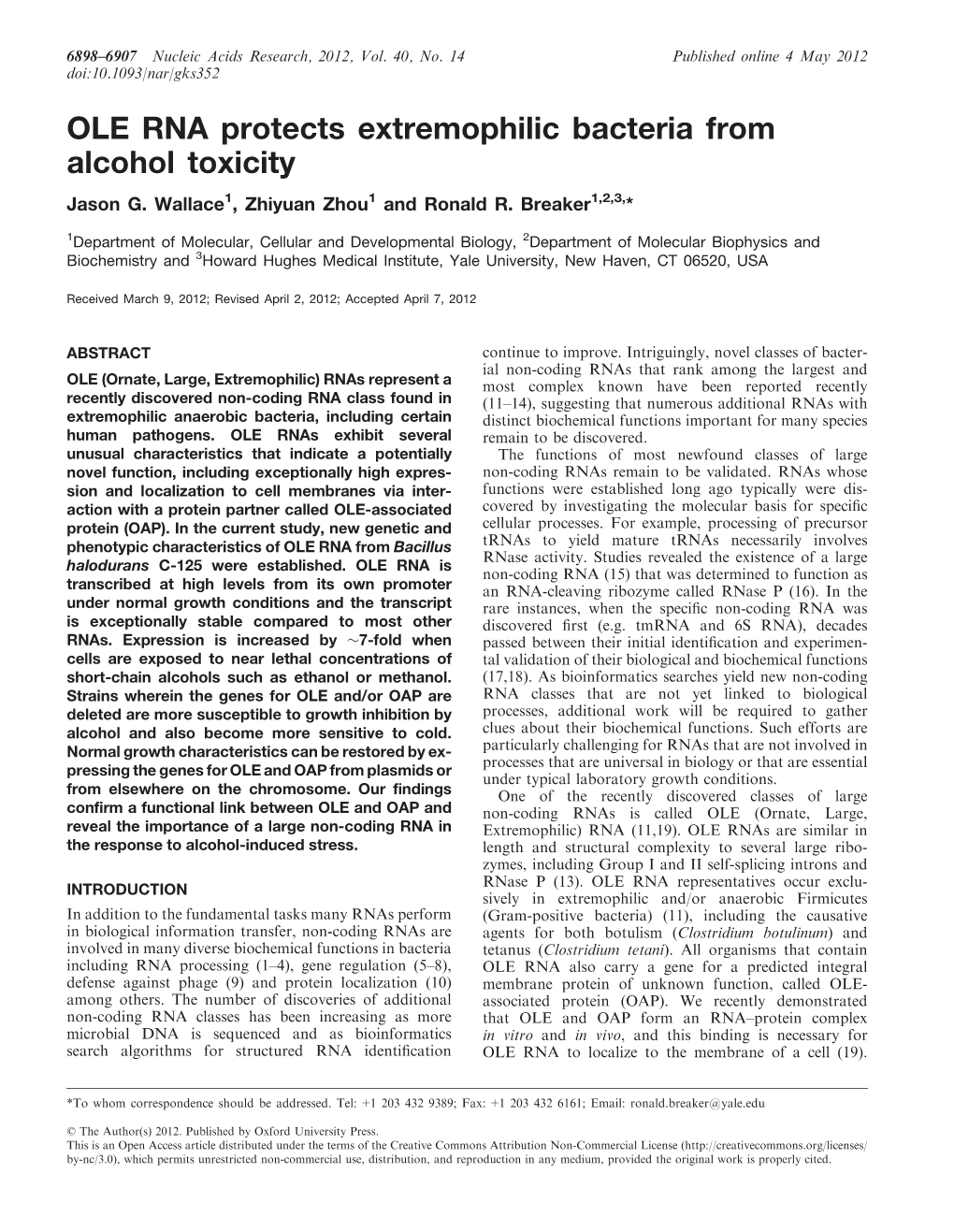 OLE RNA Protects Extremophilic Bacteria from Alcohol Toxicity Jason G