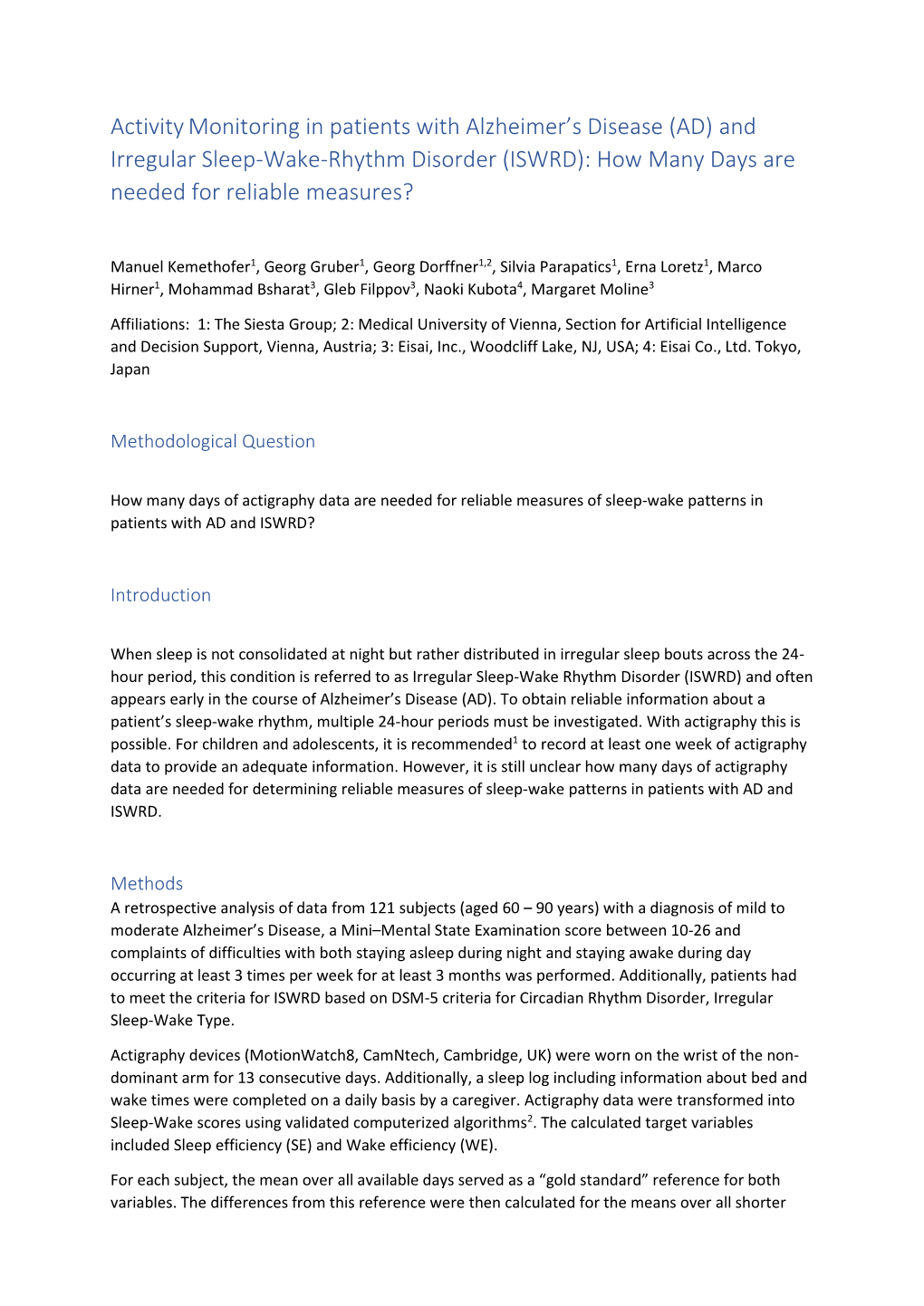 And Irregular Sleep-Wake-Rhythm Disorder (ISWRD): How Many Days Are Needed for Reliable Measures?