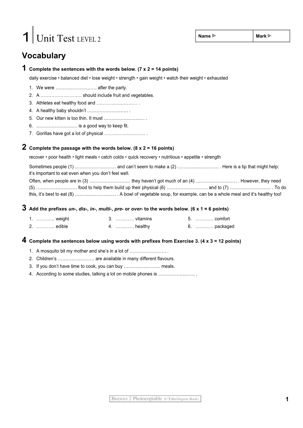 Bridges 2 AIO Spain - Unit 1 Test Level 2