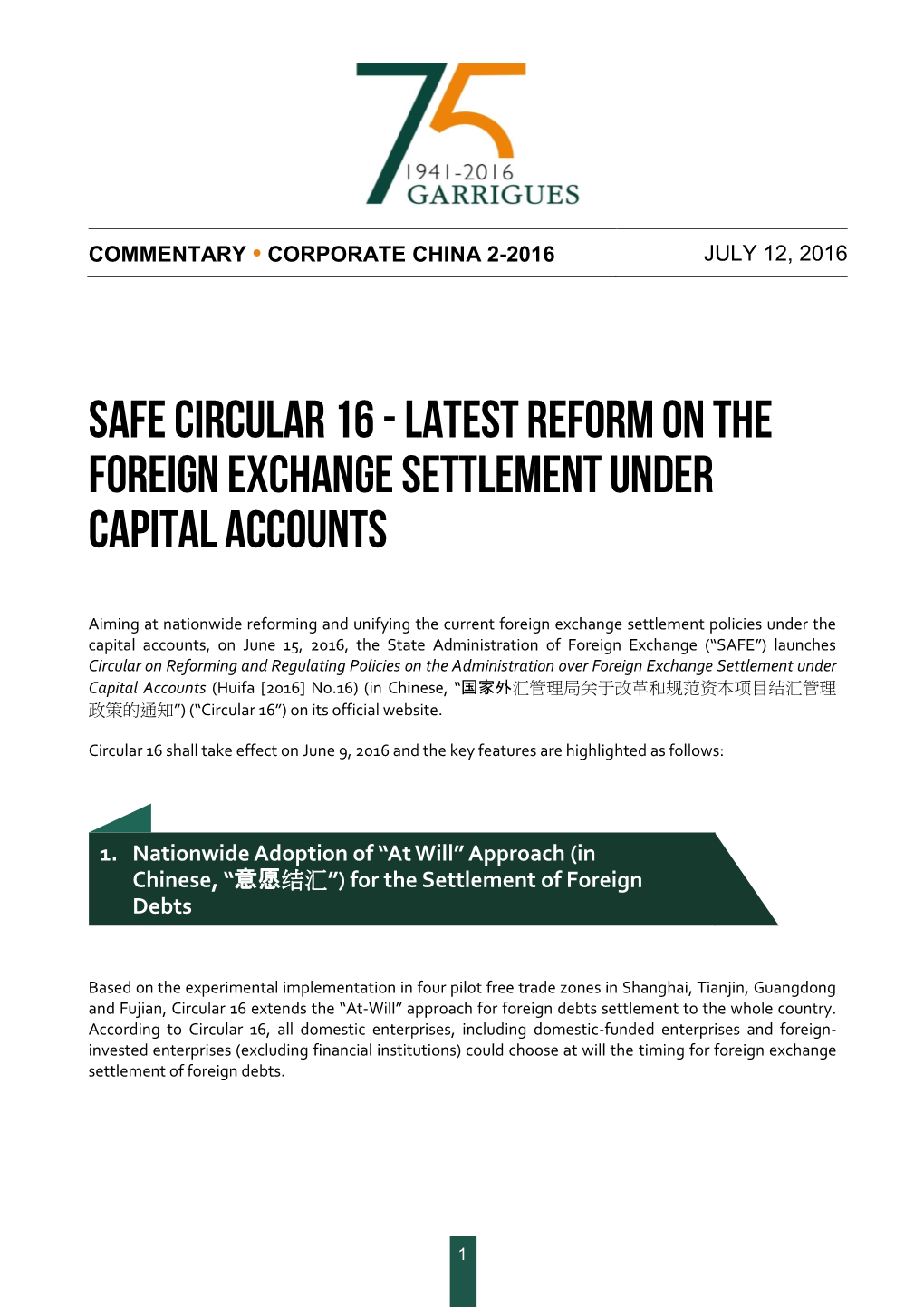 Latest Reform on the Foreign Exchange Settlement Under Capital Accounts