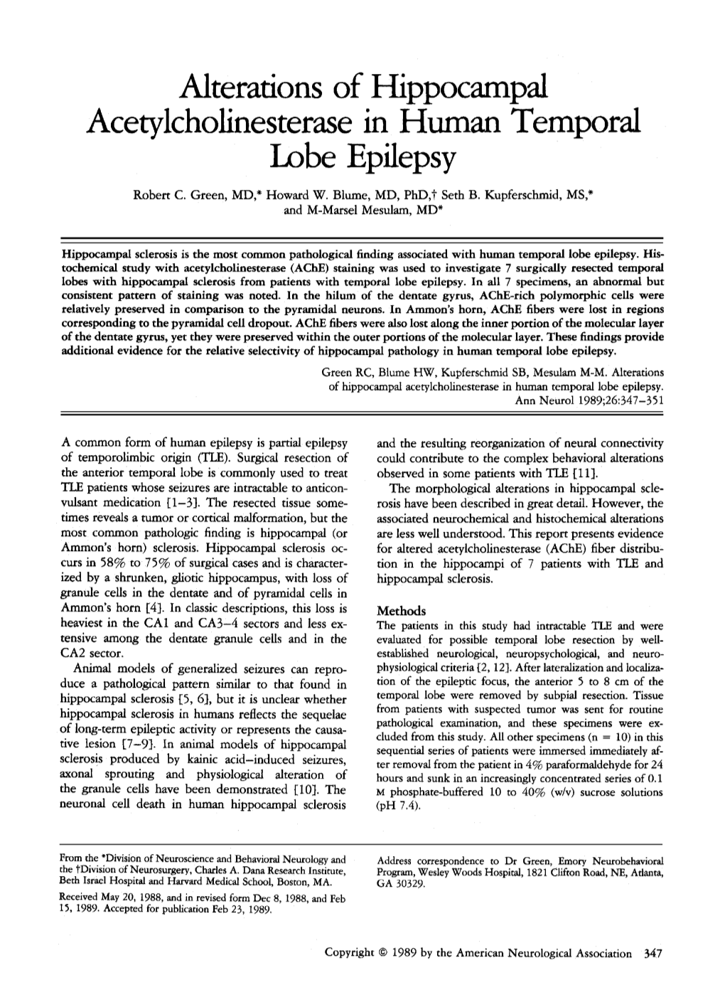 Alterations of Hippocampal Acetylcholinesterase in Human