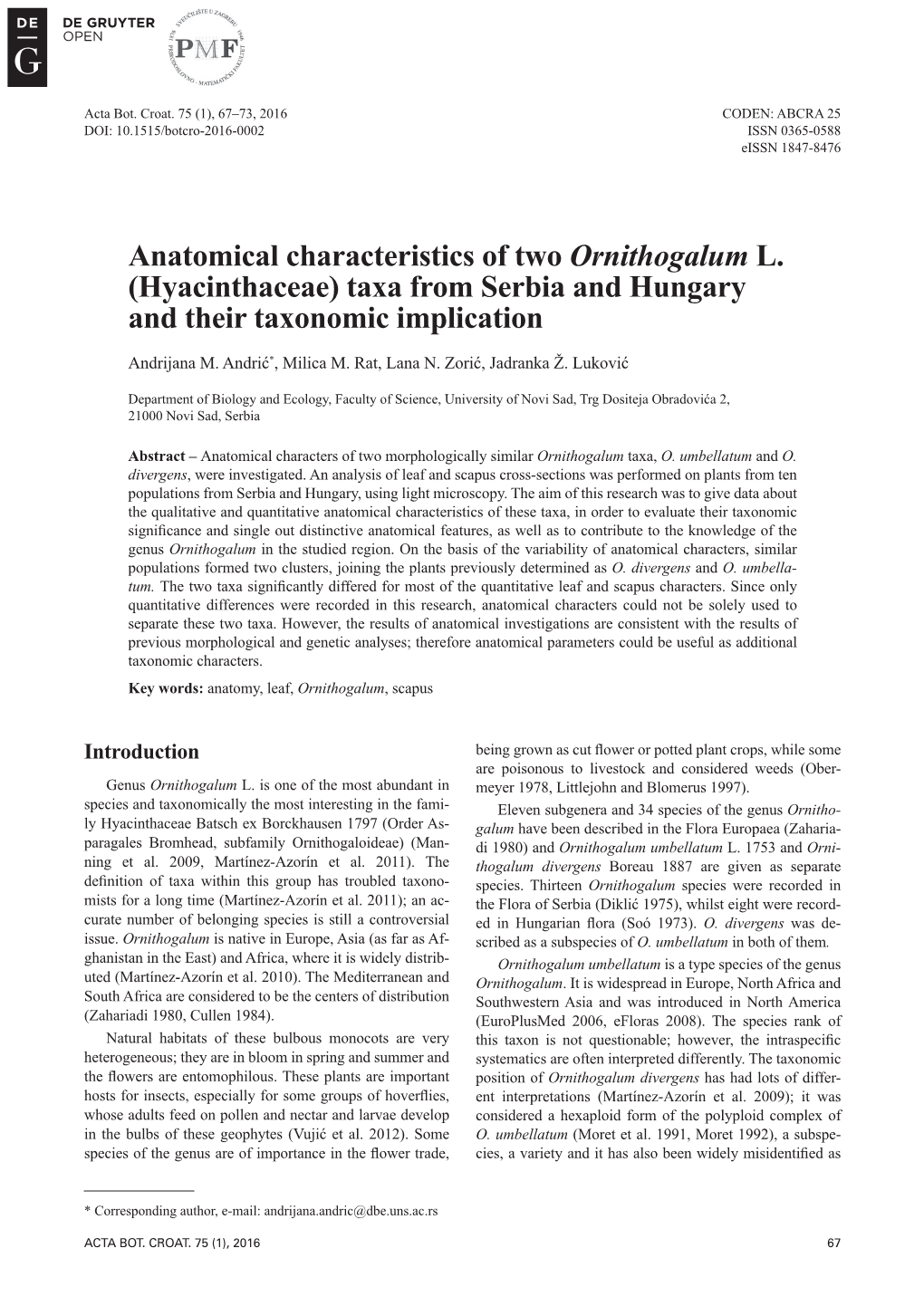 Anatomical Characteristics of Two Ornithogalum L. (Hyacinthaceae) Taxa from Serbia and Hungary and Their Taxonomic Implication