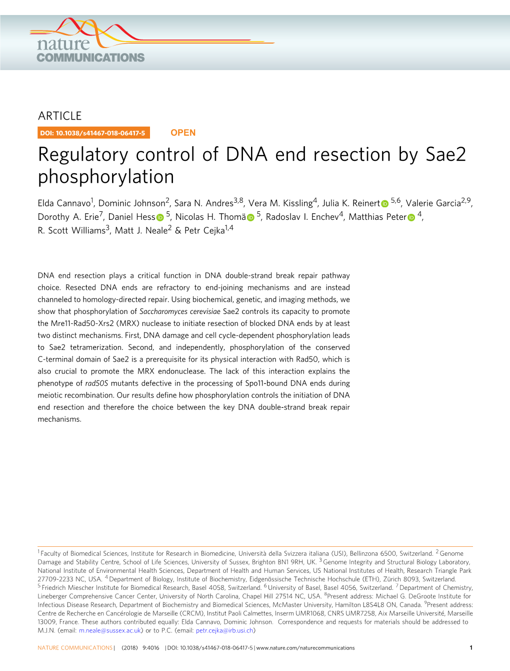 Regulatory Control of DNA End Resection by Sae2 Phosphorylation