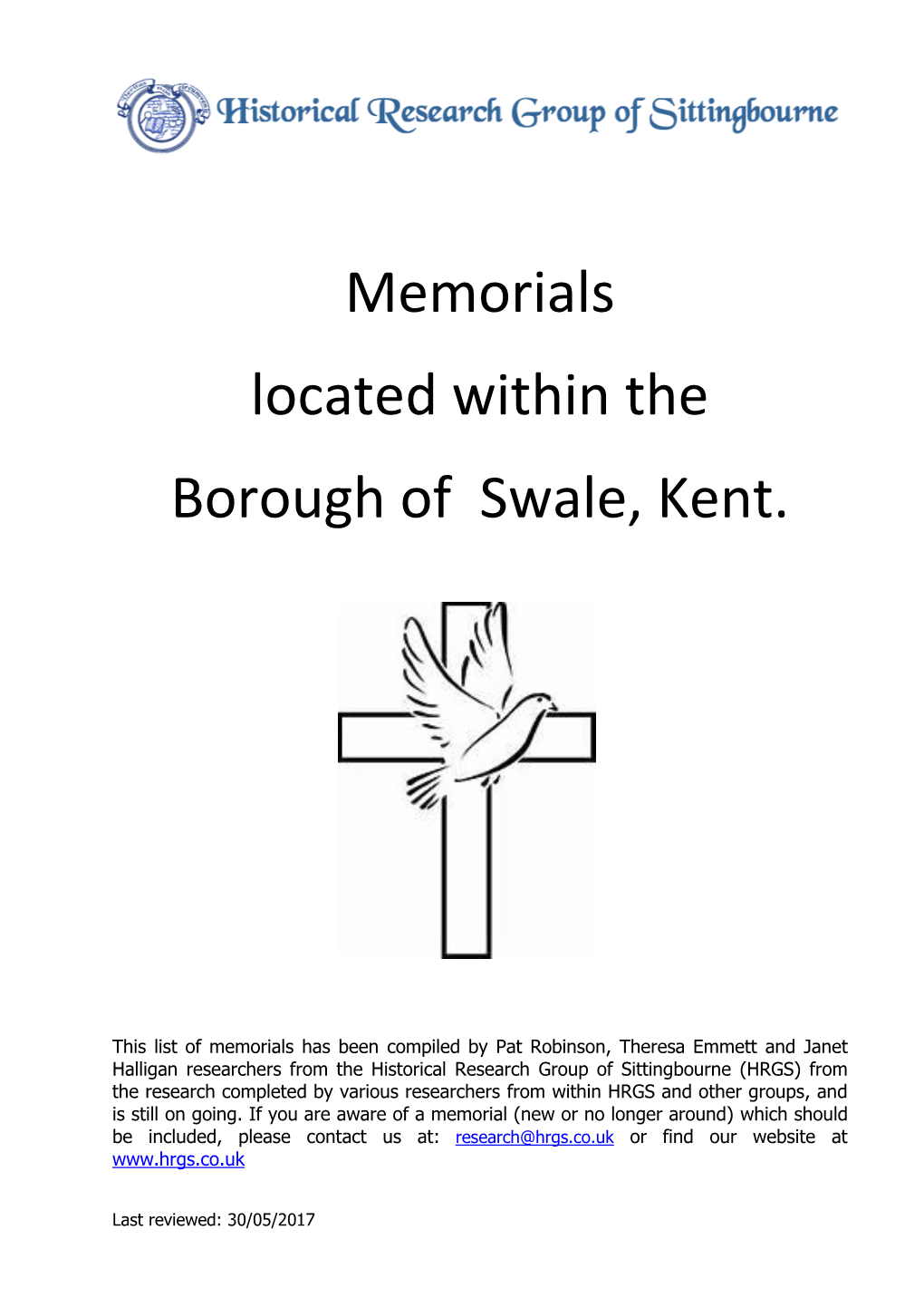 Memorials Located Within the Borough of Swale, Kent