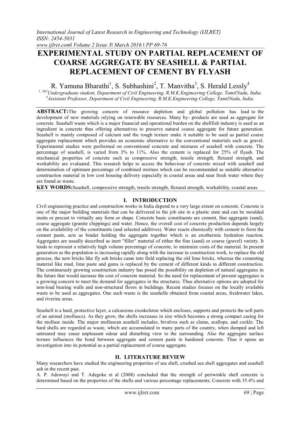 Experimental Study on Partial Replacement of Coarse Aggregate by Seashell & Partial Replacement of Cement by Flyash