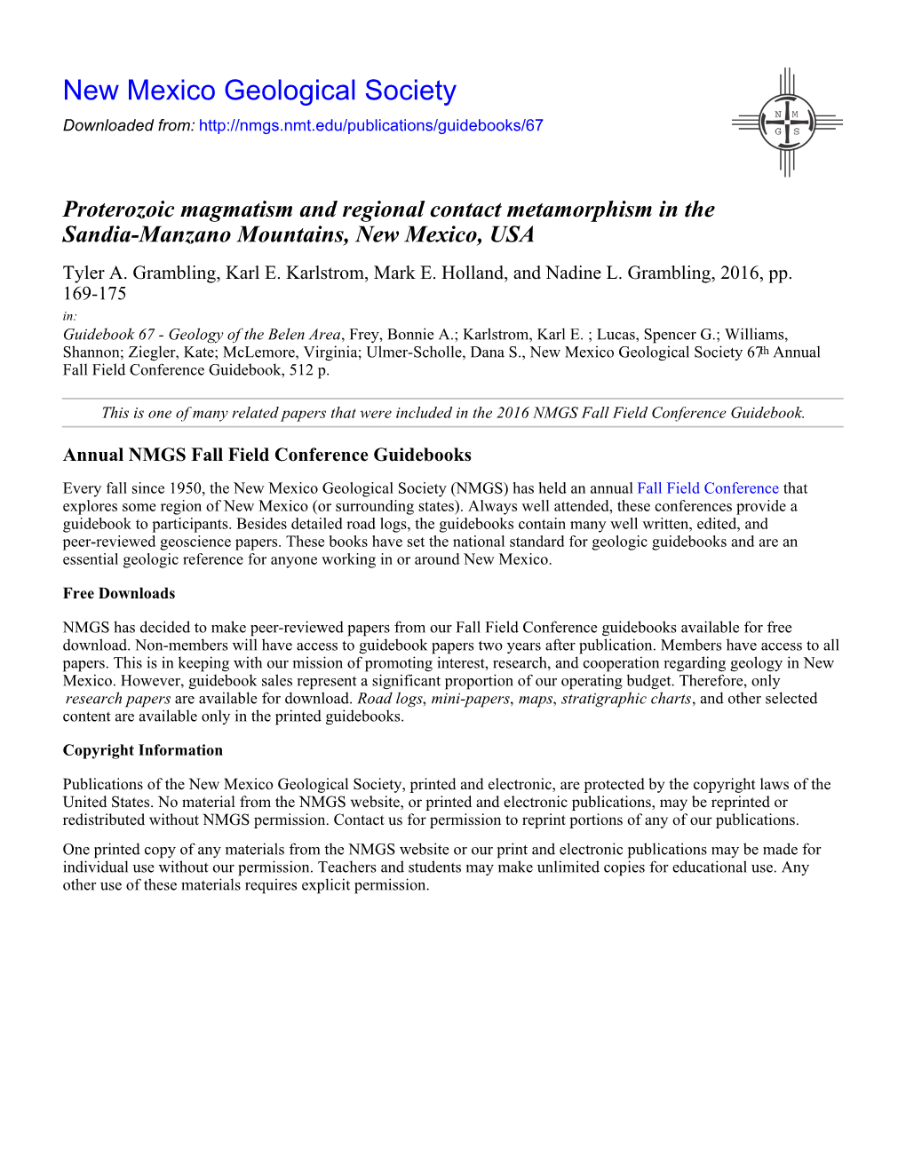 Proterozoic Magmatism and Regional Contact Metamorphism in the Sandia-Manzano Mountains, New Mexico, USA Tyler A