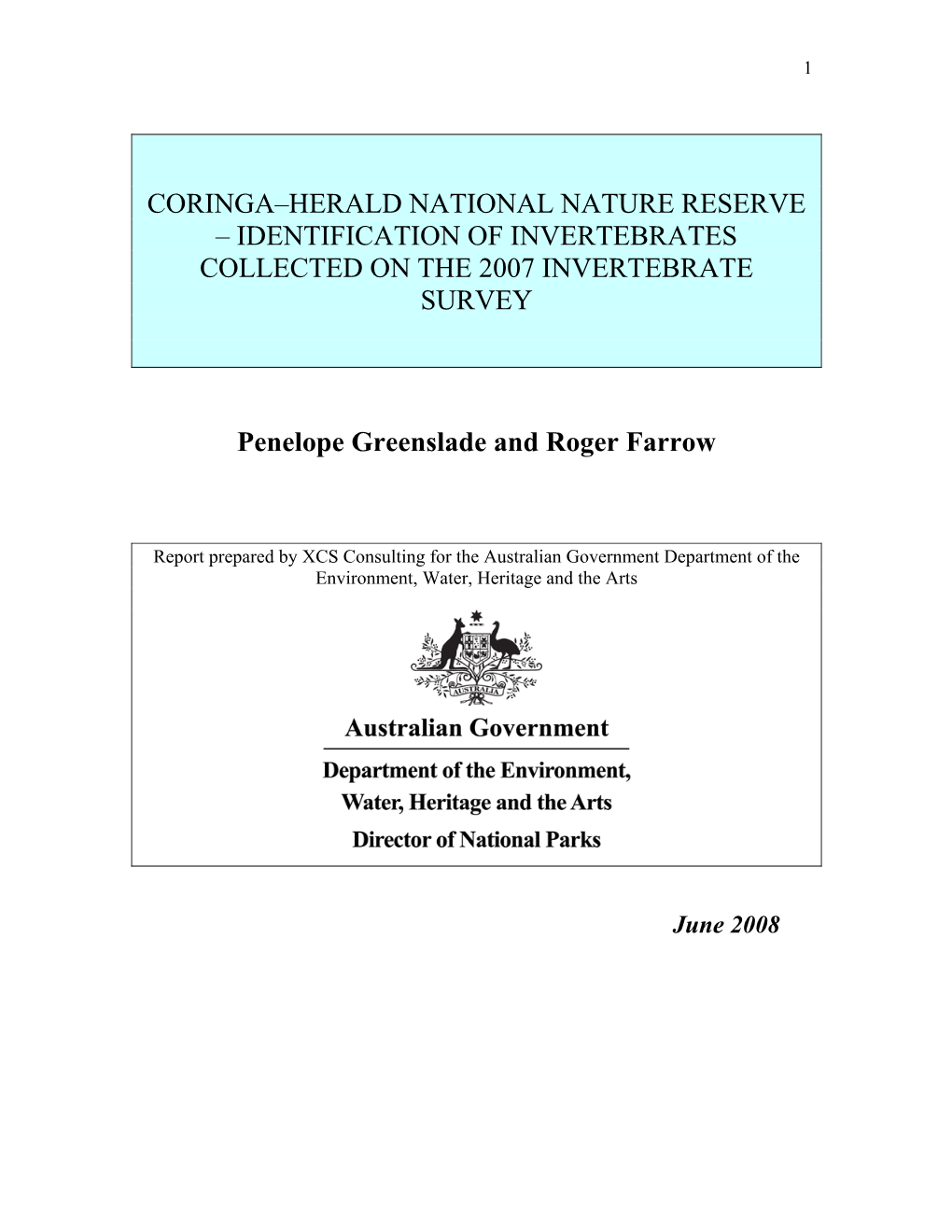 Identification of Invertebrates Collected on the 2007 Invertebrate Survey