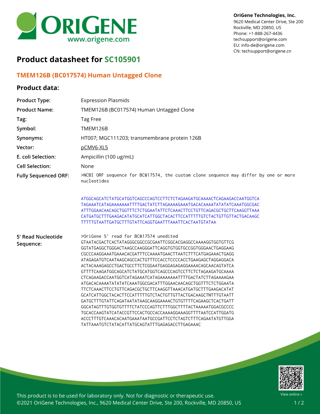 TMEM126B (BC017574) Human Untagged Clone – SC105901