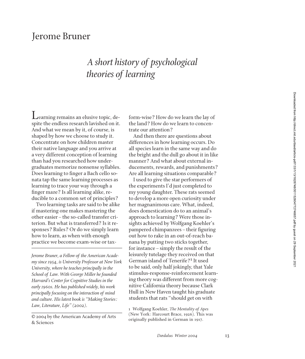 Jerome Bruner a Short History of Psychological Theories of Learning