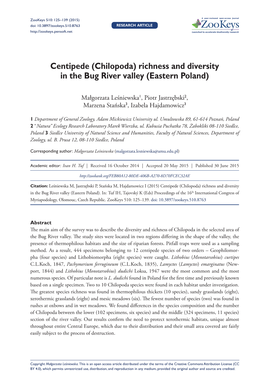 Chilopoda) Richness and Diversity in the Bug River Valley (Eastern Poland