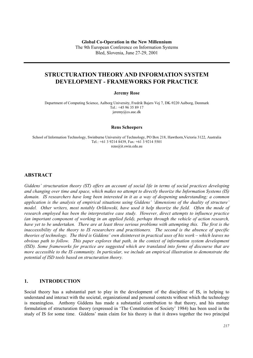 Structuration Theory and Information System Development - Frameworks for Practice