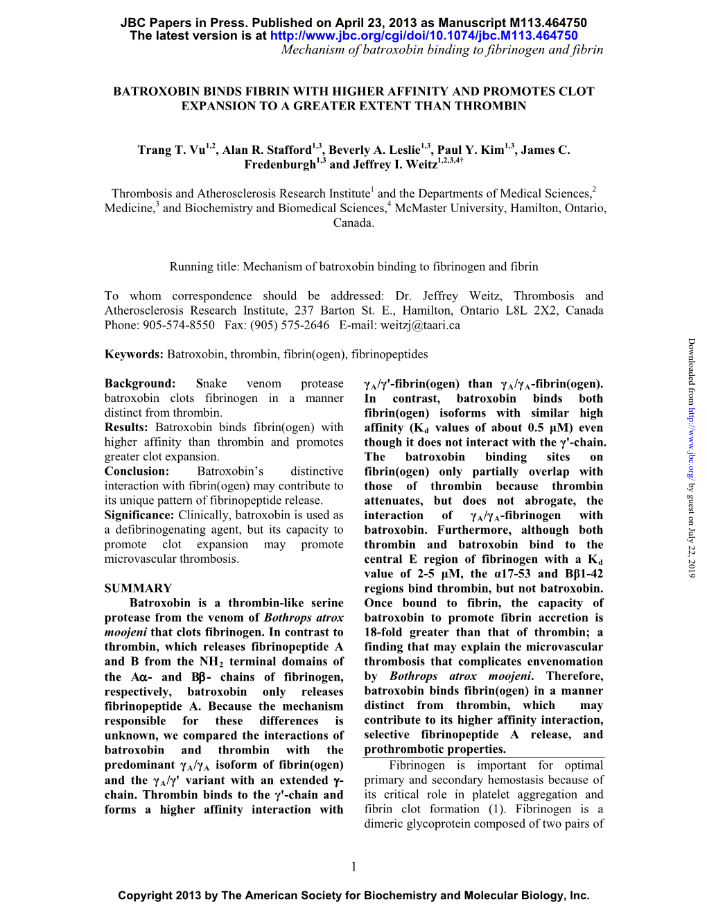 Mechanism of Batroxobin Binding to Fibrinogen and Fibrin 1