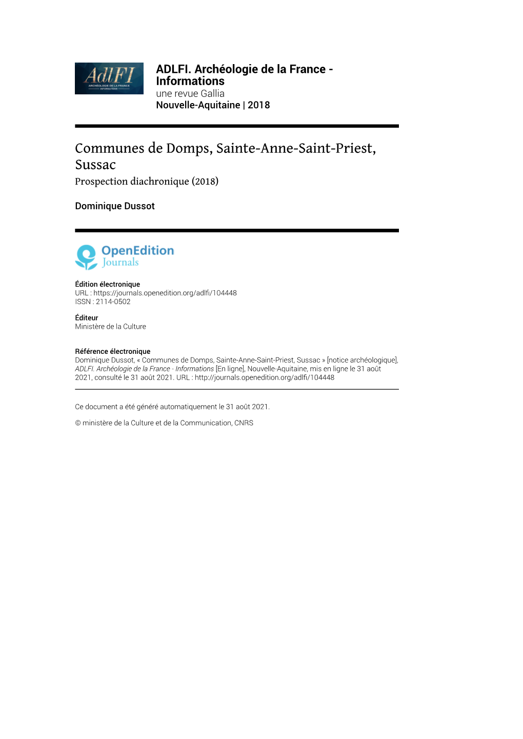 Communes De Domps, Sainte-Anne-Saint-Priest, Sussac Prospection Diachronique (2018)