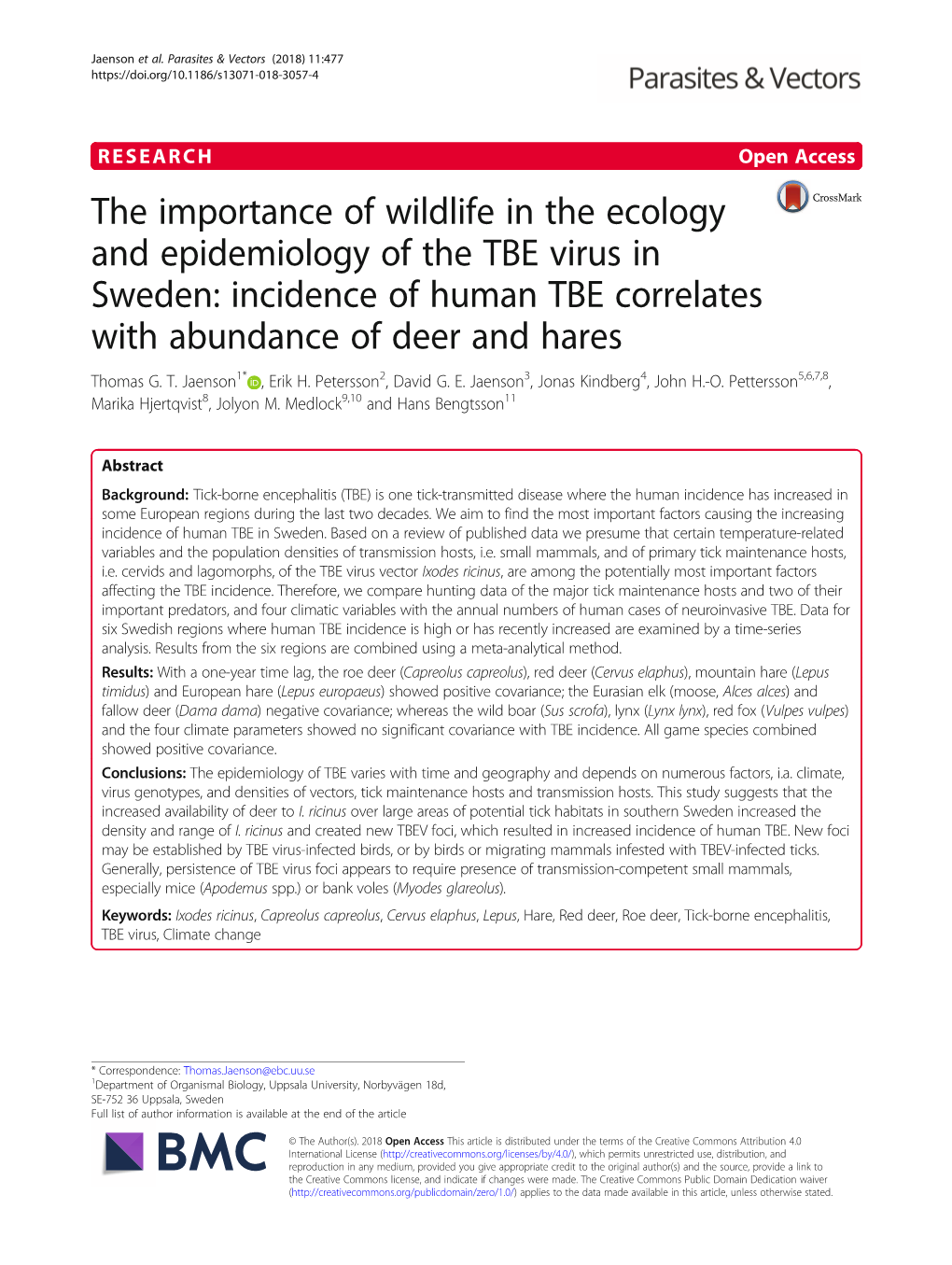 Incidence of Human TBE Correlates with Abundance of Deer and Hares Thomas G