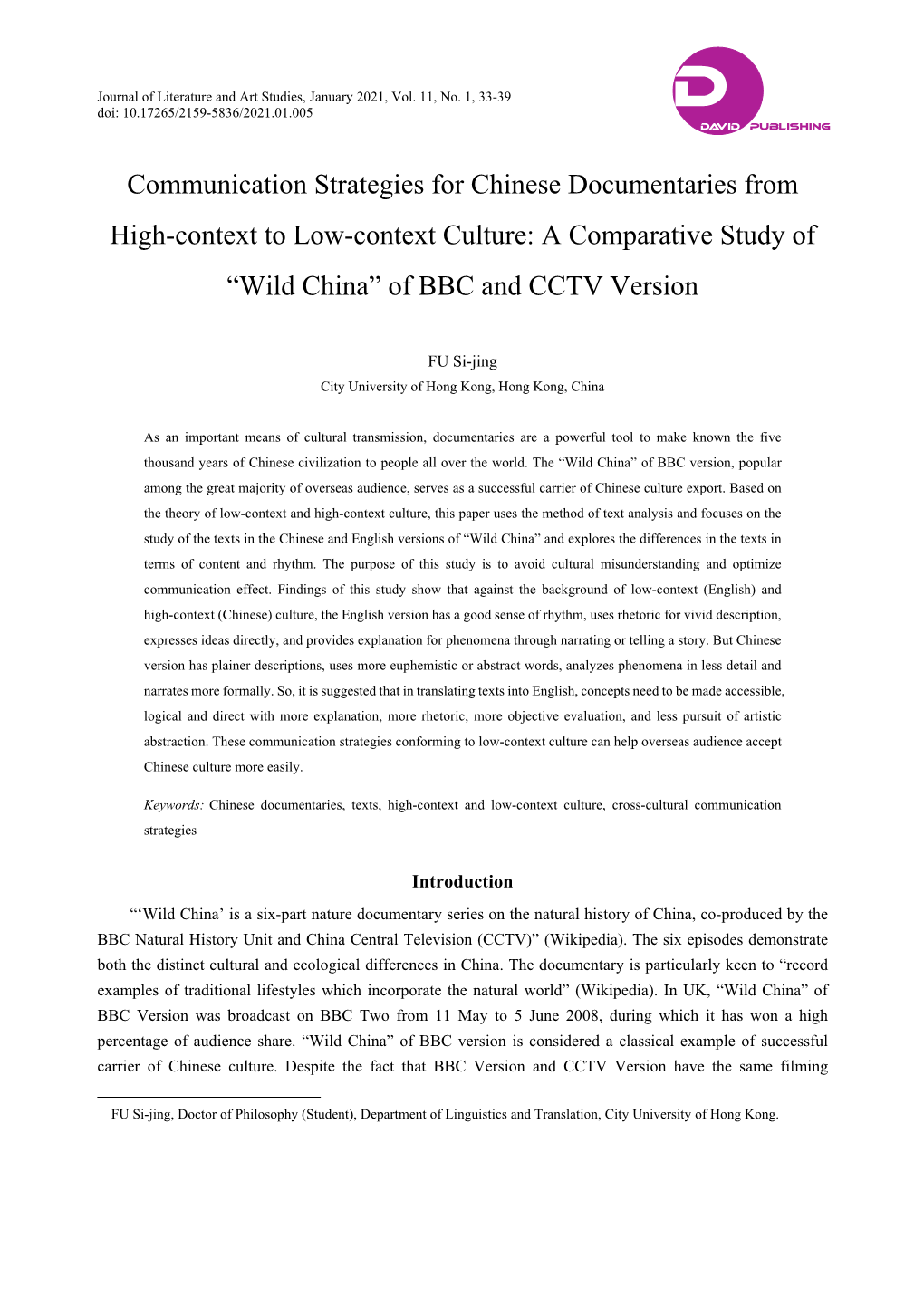 Communication Strategies for Chinese Documentaries from High-Context to Low-Context Culture: a Comparative Study of “Wild China” of BBC and CCTV Version