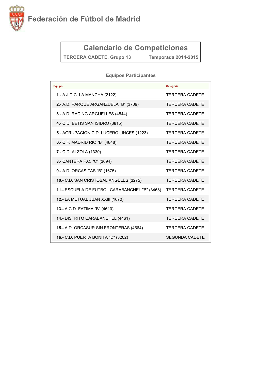 Calendario Cadete