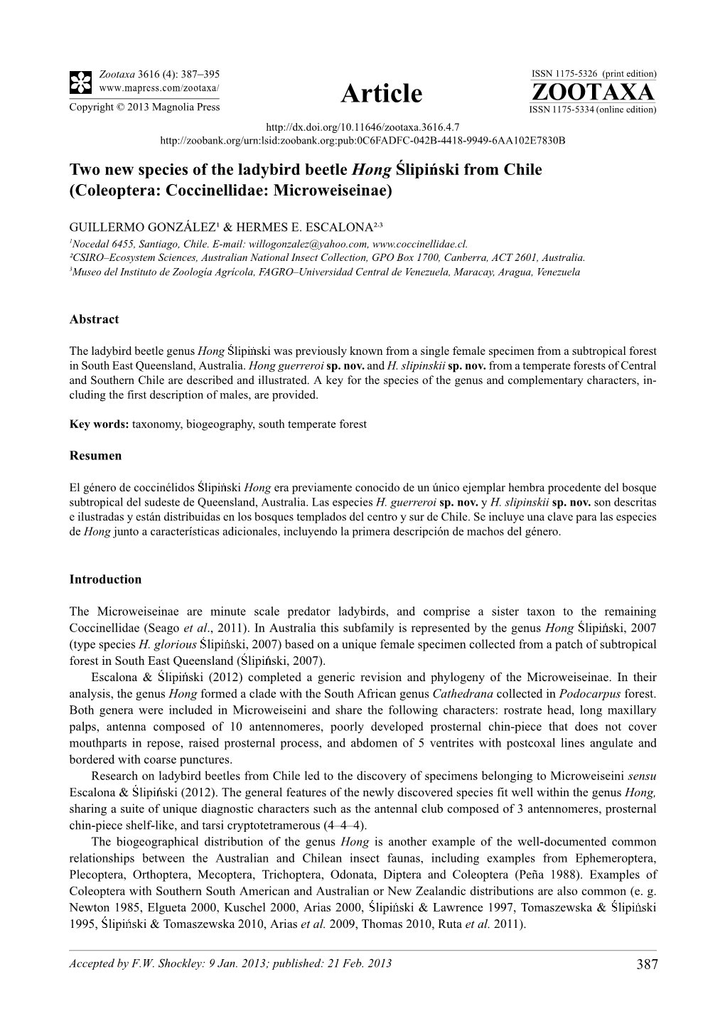 Two New Species of the Ladybird Beetle Hong Ślipiński from Chile (Coleoptera: Coccinellidae: Microweiseinae)